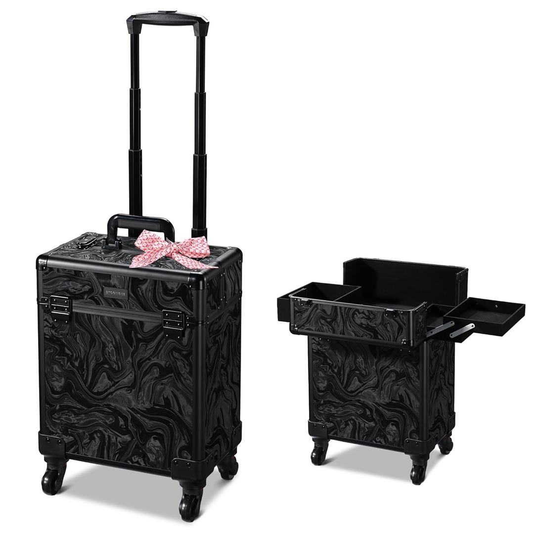 BYOOTIQUE Rolling Makeup Train Case on Wheels Cosmetology Organizer Box Professional Aluminum Cosmetic Trolley Travel Suitcase for Salon Barber Hairstylist Artist,CoyoteButtes Shadows (Medium, CTB Black)