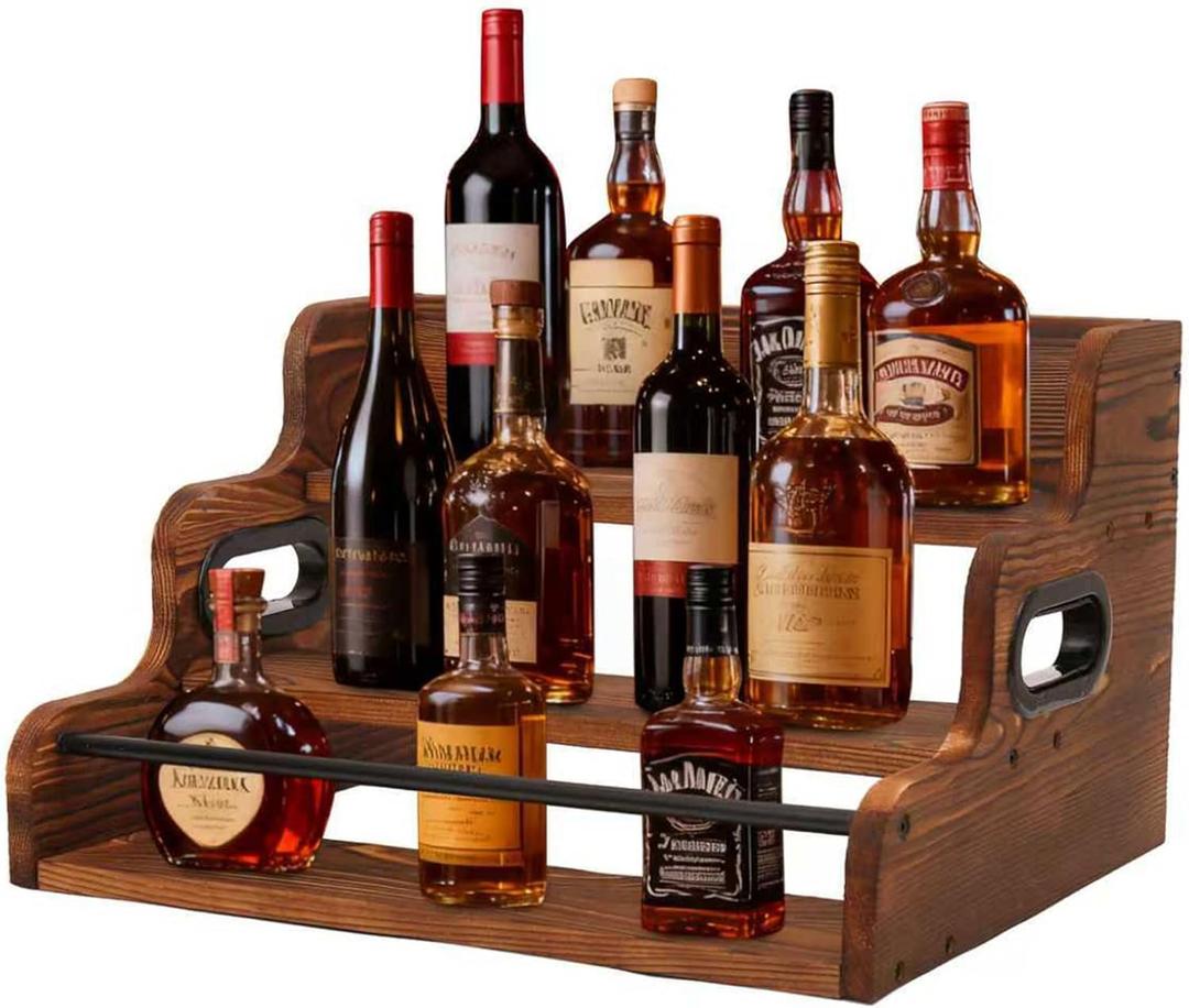 3-Tier Wood Bottle Display Shelf, Modern Liquor Bottle Rack Organizer, Brown Countertop Wine Rack Bar Shelves Stand Essentials for Liquor Storage