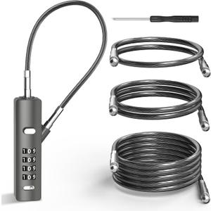 4-Digit Combination Cable Lock with 3 Steel Cables (9"/24"/47") - Secure Reset Only with Current Code - for Bike, Luggage, Gate, Shed, Cabinet - Gun Grey, 1 Pack