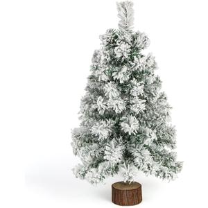 CCINEE Table Top Artificial Christmas Tree, 2 Ft Small Mini Green Xmas Tree with Flocking Snow Frost and Wooden Stand for Porch Coffee Table Centerpiece Arrangements Home Office Holiday Decor