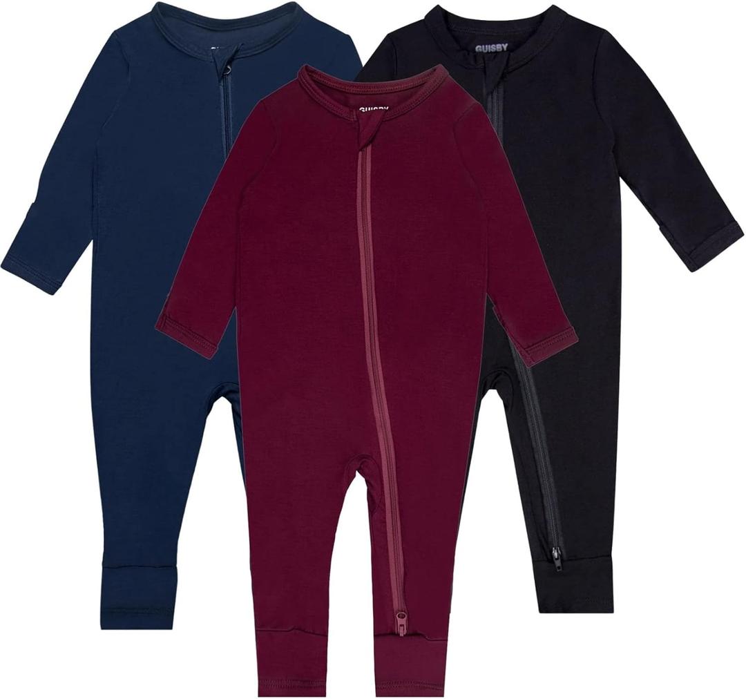 GUISBY Baby Pajamas with Mitten Cuffs - 3Pcs Girls Boys 2 Way Zipper Long Sleeve Rayon Sleepers (12-18 Months, Maroon-Navy-Black)