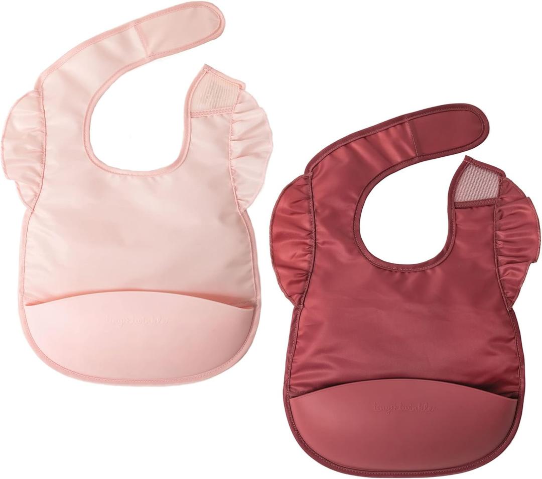 Tiny Twinkle Silicone Pocket Bibs - Waterproof, Food Catching, Mess-Proof Bibs for 6-24 Months Baby Boy and Girl, Toddlers (2-pack Rose, Burgundy)