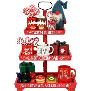 Christmas Hot Chocolate Bar Wood Cocoa Station Decorative Storage Box 3 Tier Chocolate Station Farmhouse Christmas Decorations for Home Office Kitchen Winter Gift(Red)
