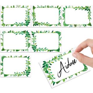 240 Pcs Greenery Name Tags Stickers Summer Green Leaves Border Tag Labels Party Name Tag Personalized Tags for Themed Party Office Home, 3.5 x 2.4, 6 Styles