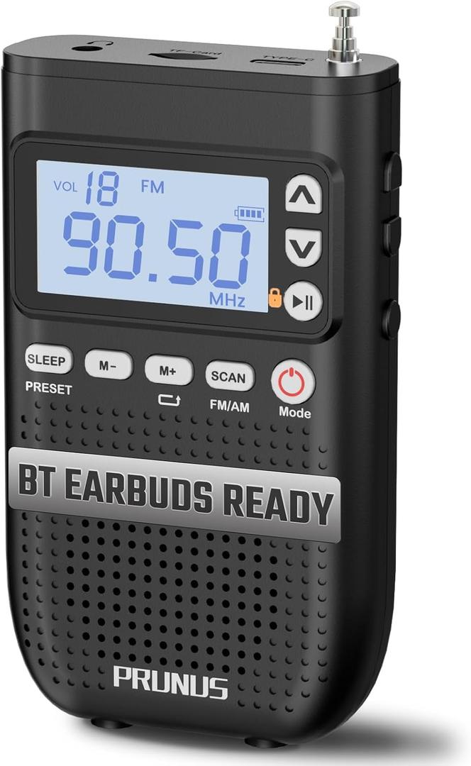 PRUNUS J-618 Portable Radio AM FM with Bluetooth Earphone Output & Bluetooth Speaker Mode, 2000mAh Rechargeable Battery, Micro SD Playback with Shuffle & Sequential Play, Headphone Jack, Sleep Timer