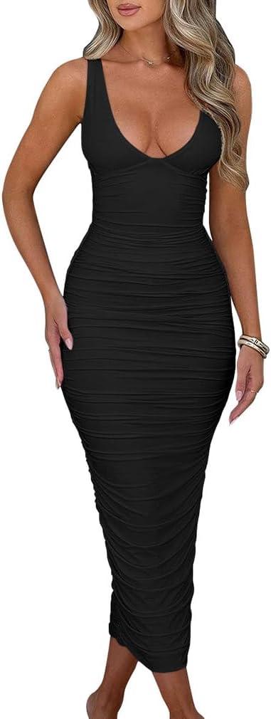 BEAGIMEG Women's Sexy Ruched Sleeveless Deep V Elegant Cocktail Evening Party Maxi Dress (Large, Black)
