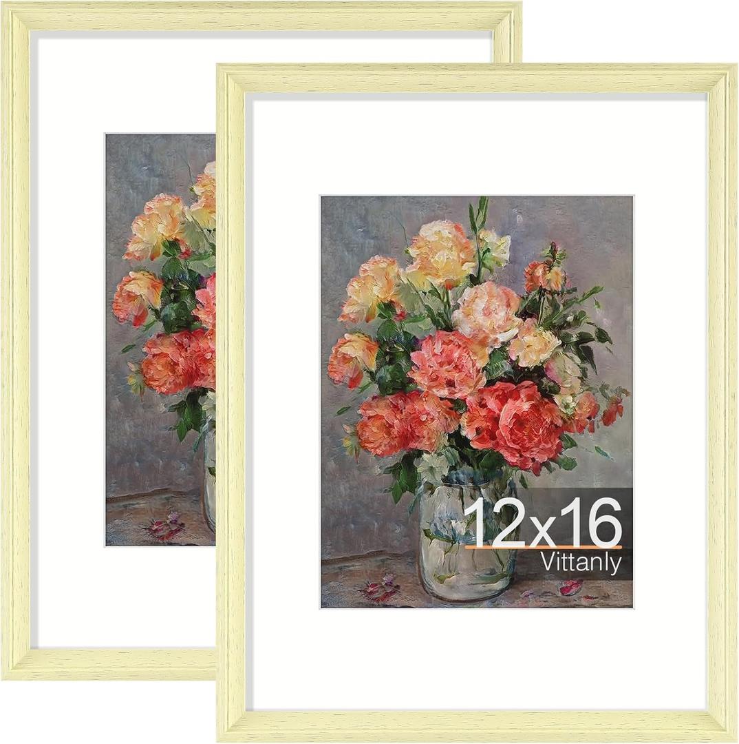 Vittanly 12x16 Picture Frames Set of 2, Ornate Vintage Photo Frame for Wall Mount, Display 8.5x11 Pictures with Mat or 12x16 without Mat, Beige