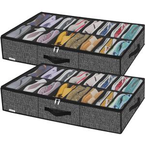 Onlyeasy Sturdy Under Bed Shoe Storage Solution Organizer For Closet Fit 16x2 Pairs, Underbed Shoes Container Bags with Reinforced Handles, Breathable, Linen-like Black, MXAUBS16P2