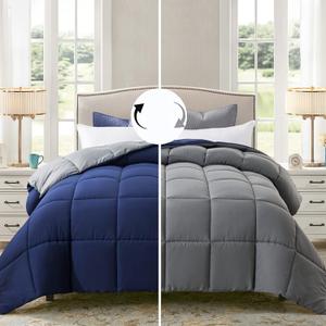 ELNIDO QUEEN All-Season Reversible Down Alternative Quilted Comforter- Corner Duvet Tabs-Machine Washable-Duvet Insert or Stand Alone Lightweight Comforter- Navy Blue/Gray Queen Size(88x92 Inch)