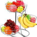 Livabber Fruit Basket Bowl with Banana Hanger, Fruit Vegetable Storage Basket with Banana Tree Holder for Kitchen Counter, Detachable Organizer for Bread Snack Produce (Chrome, 3-Tier Metal Base)