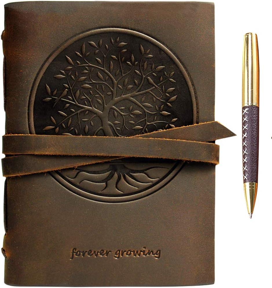 Leather Bound Journal for Men and Women, Handmade Gift Set with Tree of Life Embossed Journal and Stylish Pen, Vintage and Classic, Notebook, Sketchbook, Planner and Diary (300 Pages) (8x6")