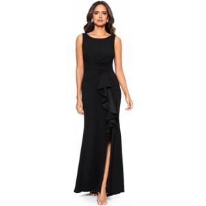 Betsy & Adam Women's Long Bodycon Sleeveless Boat Neck Evening Gown with Side Slit Ruffle, 10 Petite