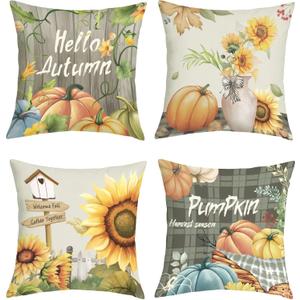 Fall Farmhouse Pumpkin Sunflowers Throw Pillow Covers 18x18 Inch Set of 4 Hello Autumn Thanksgiving Harvest Plaid Wood Grain Cushion Covers Home Decor for Couch Cushion Cases (Vase)
