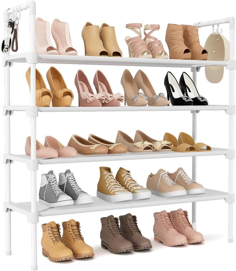 LANTEFUL 4 Tier Shoe Rack for Closet Shoe Organizer with 5 Hooks, Long Shoe Shelf Storage for Shoe and Boot Stackable Free Standing Shoe Rack for Entryway, Garage, Small Spaces, Dorm, White, 27.8"W - 4 Tier