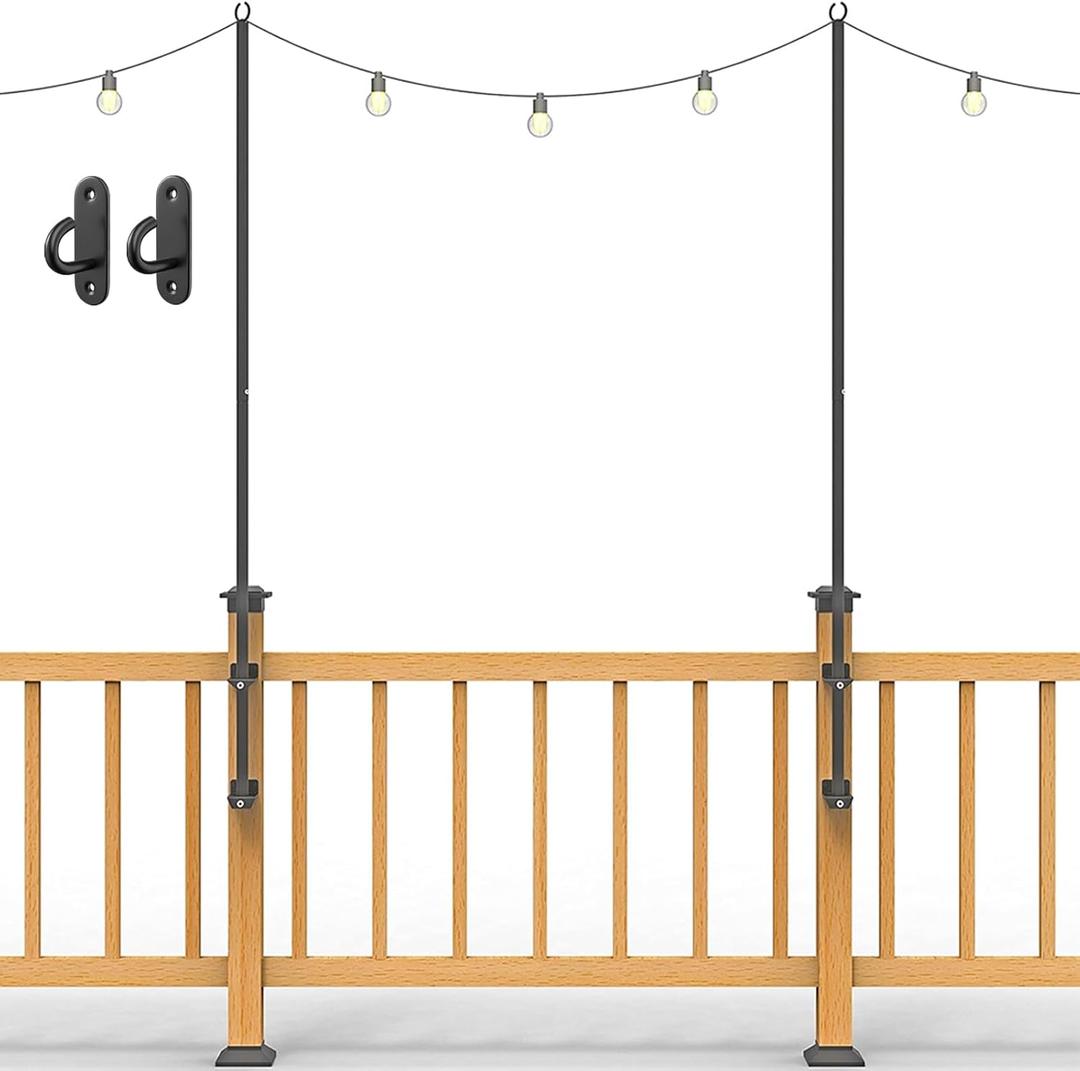 2 Pack String Light Poles - Stainless Steel 6.5FT Deck Lights Poles with 2 Wall Hooks for Outdoor Light, String Lights, with SS Screws for Wood Posts Deck Decor (Black)