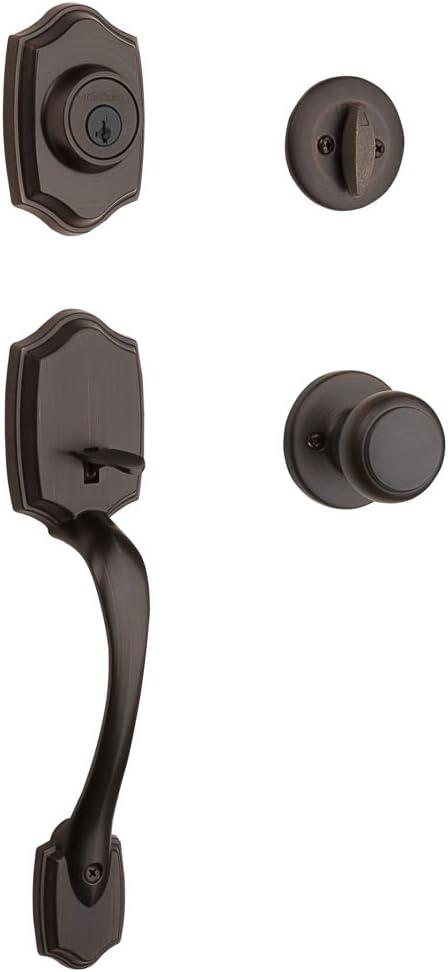 Kwikset Belleview Front Door Lock Handle and Deadbolt Set, Entry Handleset Exterior with Interior Door Knob, Venetian Bronze, Pick Resistant SmartKey Rekey Deadbolt Security, Brown