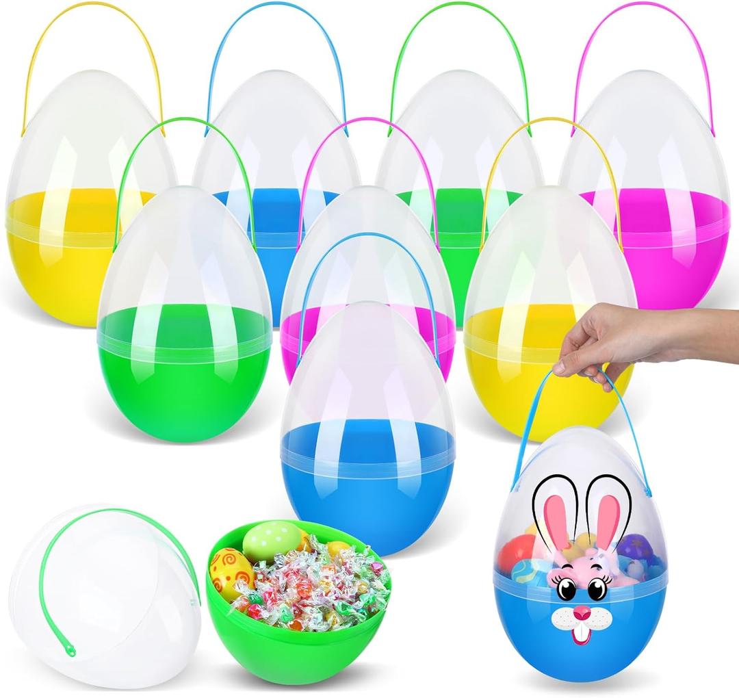 Funtery 8 Pcs Jumbo Easter Eggs 10 Inch Plastic Giant Easter Eggs with Handles, Clear Large Baskets Fillable Big Bunny Egg Shaped Baskets Containers Decoration (Mixed Colors)