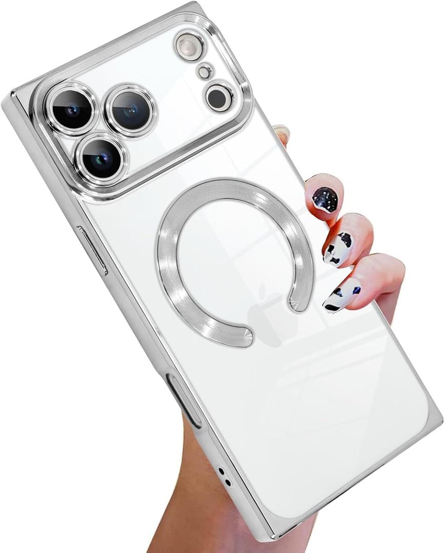 KANGHAR Case Compatible with iPhone 17 Pro Max Case Magnetic Clear with Camera Lens Protector[Compatible with MagSafe] Luxury Cute Plating Design Full-Body Shockproof Rectangle Protection Cover Sliver