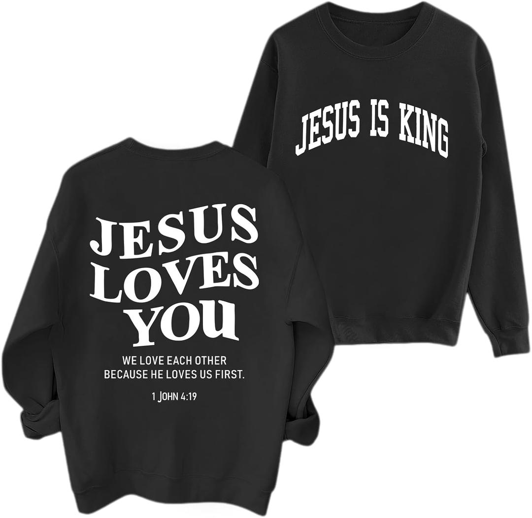 Fleece Christian Sweatshirts Women Jesus Loves You Jesus Is King Hoodie Religious Faith God Shirts Oversized Tops (Small, Black)