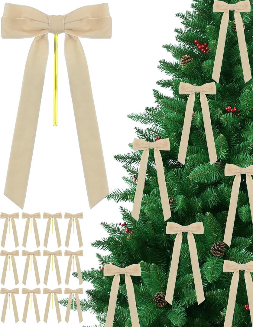 12 Pcs Velvet Ribbon Bows Decorations,White Christmas Ornaments for Tree Home Thanksgiving Party Front Door Wreath Holiday Decor
