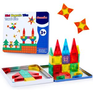 Gemmicc 58 PCS Mini Magnetic Tiles, Travel Magnet Construction Toys with Metal Storage Box, Sensory Montessori Toys for Boys, Girls