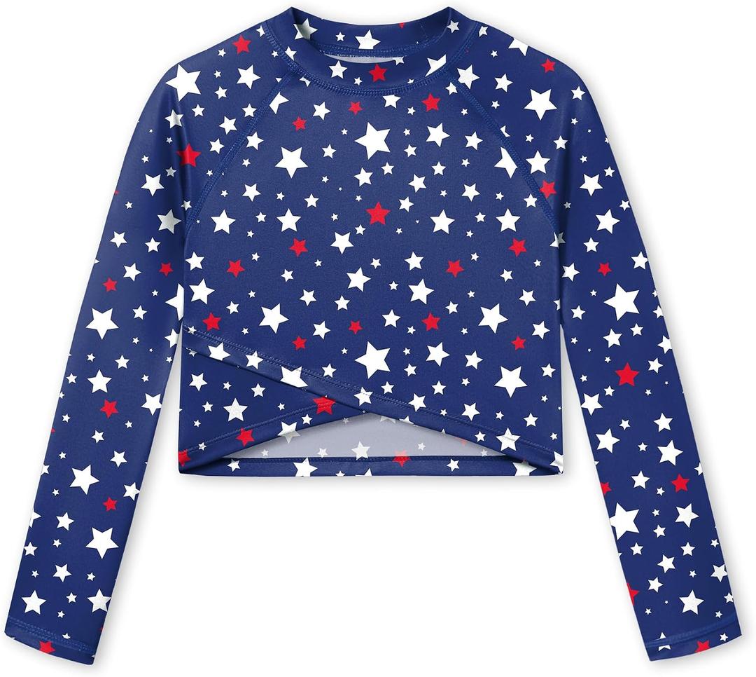 BesserBay Girls Rash Guard UPF 50+ Long Sleeve Mock Neck Crossover Hem Swim Crop Top 4-14 Years (Blue, XXXL)