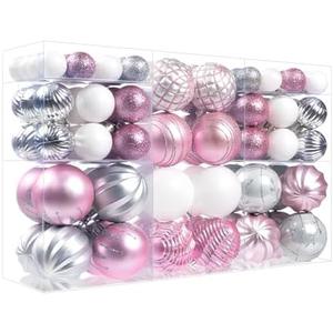 Pink Silver Christmas Ball Ornaments Set for Tree, Assorted Shatterproof Christmas Decorations, Hanging Decor for Xmas Tree Holiday/Party/Home (Pink & Silver & White)