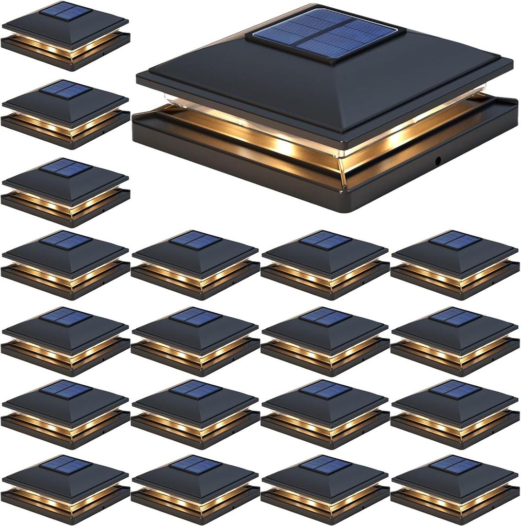APONUO Solar Post Cap Lights - 20 Pack Outdoor Waterproof for 4x4, 5x5, 6x6 Posts, 2 Modes Warm/Cool Light, Solar Powered Fence/Deck/Patio Decor, Black