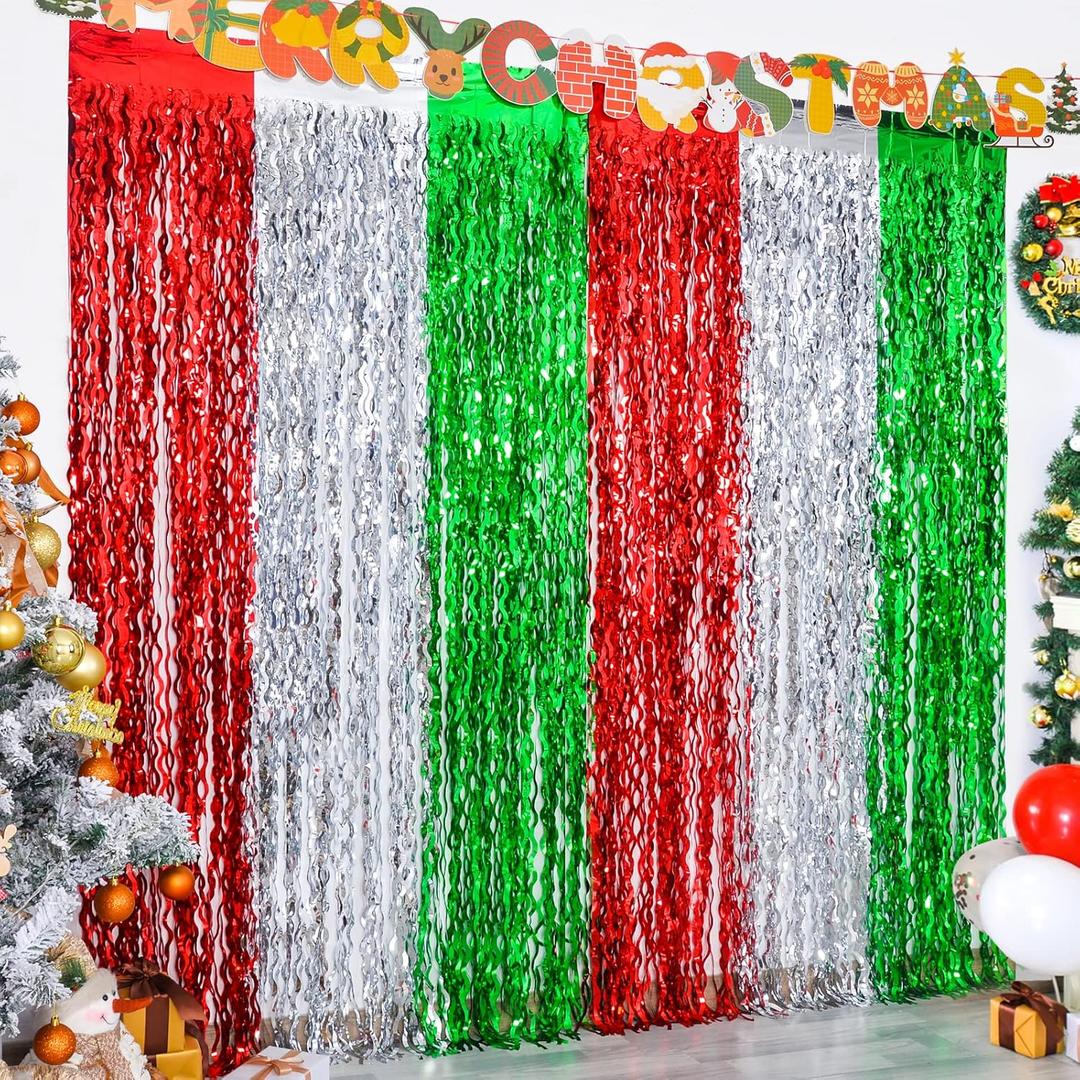 LOLStar Pack of 5 Christmas Foil Fringe Curtains Party Decoration 3.3X6.6 ft Red Silver Green Wavy Tinsel Fringe Photo Streamer Backdrop for New Year, Sweater Party