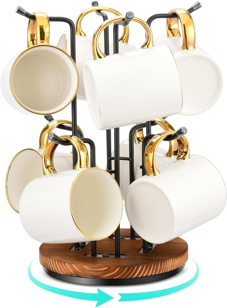 HULISEN 360 Rotating Mug Tree for Large Cups, Counter Coffee Mug Holder with 8 Hooks, Metal Coffee Cup Rack Stand for Countertop with Stable Wooden Base, Kitchen Counter Decor
