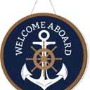 MOTERMATE Nautical Welcome Aboard Anchor Sign, 12x12 Inch Round Wooden Wall Decor