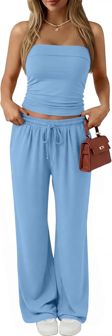 Trendy Queen 2 Piece Vacation Outfits for Women Summer Travel Outfits 2026 Spring Fashion Tube Tops Wide Leg Pants, Small