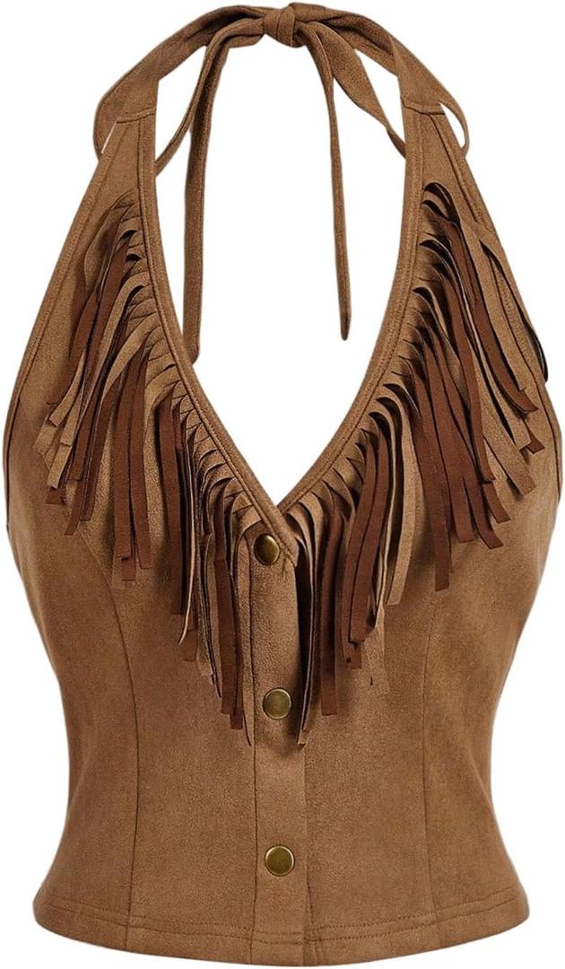 MakeMeChic Women's Suede Fringe Halter Crop Tops Tie Backless Button Down Western Cowgirl Top (Medium, Khaki)