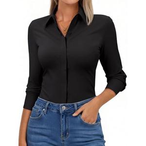 Aoudery Button Down Shirts for Women Slim Fit Long Sleeve Stretch Dress Shirts Work Shirt Wrinkle Free Office Blouse Top S