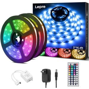 Lepro RGB LED Light Strips 32.8ft, Christmas Decorations, 5050 LED Color Changing Tape Light with 44 Key Remote and 12V Power Supply for Bedroom, TV Backlight, Kitchen, Bar