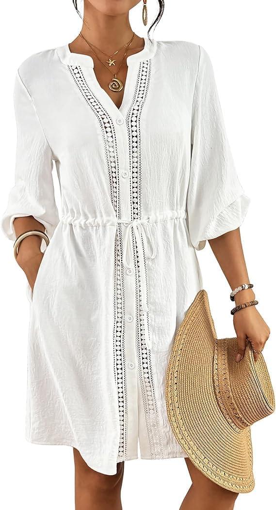 Bsubseach Swimsuit Coverup for Women V Neck Bathing Suit Cover Up with Pocket Drawstring Button Down Beach Shirt Dresses (White, S)
