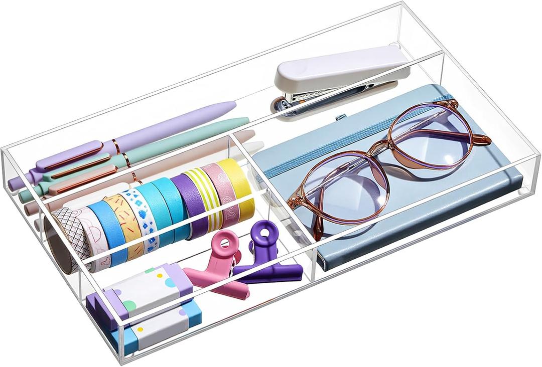 Acrylic Desk Drawer Organizer 11 x 6.1 x 1.38 Inch Storage Tray Organizer for Pens, Stationery, Desktop, Office, Bathroom, Kitchen, Makeup Supplies(4 Compartments, Clear)