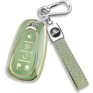 QBUC for Chevy Key Fob Cover with Leather Keychain Soft TPU Protection Case Compatible with 2016-2026 Chevy Malibu Blazer Traverse Equinox Trailblazer 5-Buttons(Gold Trim Green)