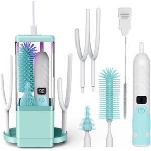 Electric Bottle Brush Cleaner - 360° High-Speed Spinning Bristles, Rechargeable Baby Bottle Brush with Silicone Bottle, Nipple Brush, Straw Brush, 2 Drying Rack, UV sterilized, Green
