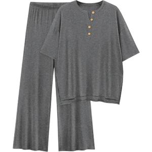 PRETTYGARDEN 2 Piece Lounge Sets for Women Summer 2025 Short Sleeve Tops Wide Leg Pants Matching Travel Outfits Clothing (Grey,X-Small) (Gray, XS)