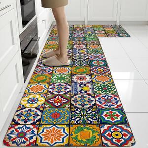 Boho Colorful Ceramic Rugs for Kitchen Floor, Anti Fatigue Mats for Kitchen Floor Non Slip, 2PCS Rubber Kitchen Mat for Sink Laundry 15.7"27.5" +15.7"47"