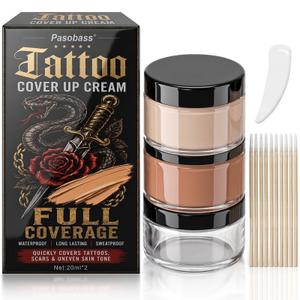 Tattoo Cover Up Makeup, Waterproof Makeup Cover Cream for Tattoo, Scars, Vitiligo and Dark Spots, Invisible & Natural Skin Concealer Set, Use on Body (2×0.7 ounce)