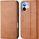 TUCCH Case for iPhone 16, PU Leather Flip Wallet Stand Folio Cover with [RFID Blocking] [3 Credit Card Slot] Shockproof [Soft TPU Interior Case] Compatible with iPhone 16 2024, Light Brown