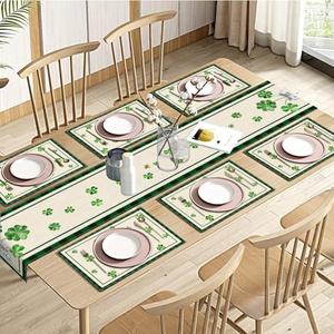 Emvency St Patrick's Day Table Runner and Placemats Set of 6, Lucky Shamrock Vase Spring Green Holiday Decorations for Dining Decor(1 Table Runner 72 inches Long and 6 Placemats)