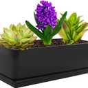 Vencer 14 Inch Rectangular Modern Minimalist Ceramic Succulent Planter Pot - Window Box with Saucer,Office Desktop Potted Stand,Black,VF-0175B