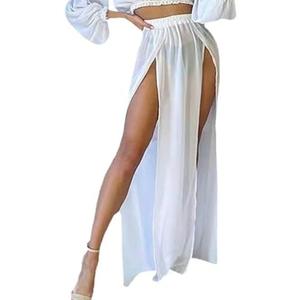 Mluiov Women's Sheer Mesh Chiffon Double Slit Cover Up Skirt Rave Festival Costume Swim Beach Flowy Long Maxi Skirts L