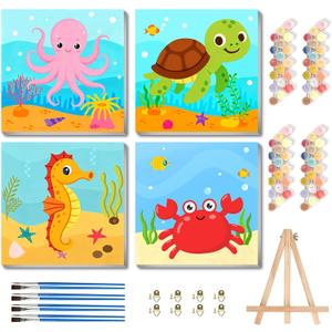bleihum 4 Pack Paint by Numbers Kit for Kids with Frame Wooden Easel, Easy Paint by Number Sea Turtle, Cute DIY Acrylic Oil Painting by Numbers for Home Wall Decor 8x8 Inch