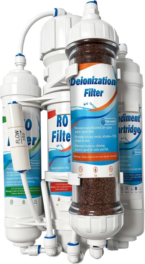 4 Stage Reverse Osmosis/Deionization Water Fliter System, 50 GPD Tankless Reverse Osmosis Water Filtration System for Aquarium with DI Water Filter