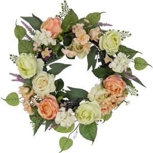 National Tree Company Artificial Spring Wreath, Woven Branch Base, Decorated with Rose and Peony Flower Blooms, Leafy Greens, Spring Collection, 24 Inches