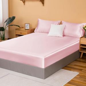 NSGZ Satin Fitted Sheet Twin, Single Silky Fitted Sheet Only Soft Deep Pocket Bottom Bed Sheets, Wrinkle Free & Fade Resistant & Breathable Bottom Sheets- Pink